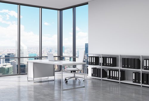 A CEO workplace in a modern corner panoramic office in New ...